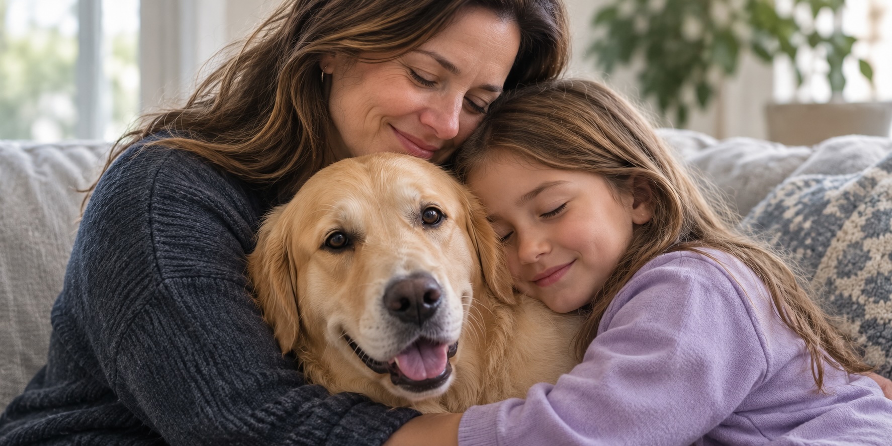 Mother and daughter hugging their emotional support dog